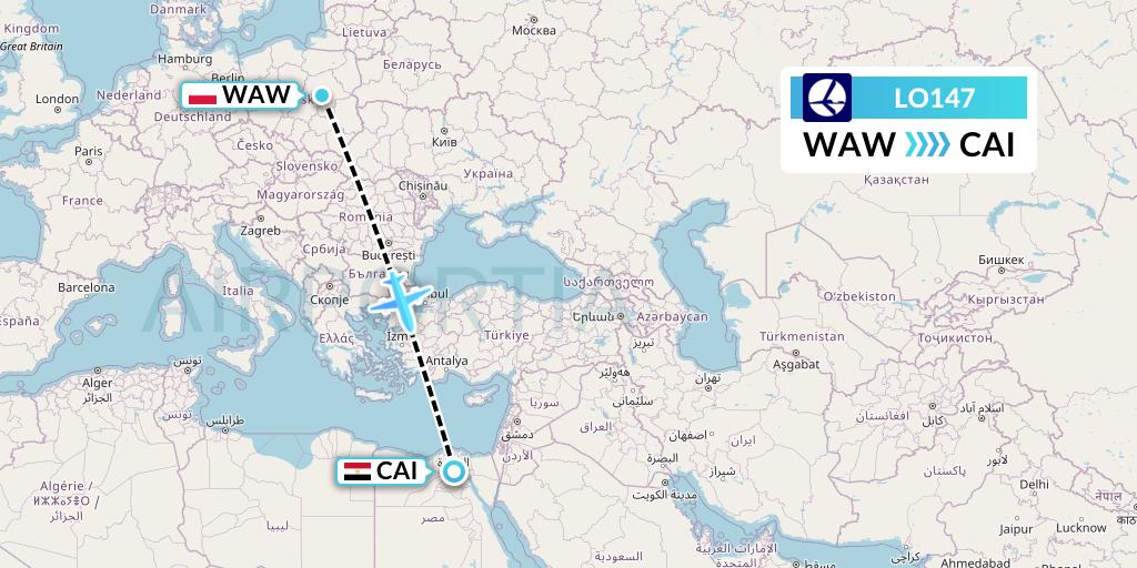 LO147 LOT Flight Map: Warsaw to Cairo