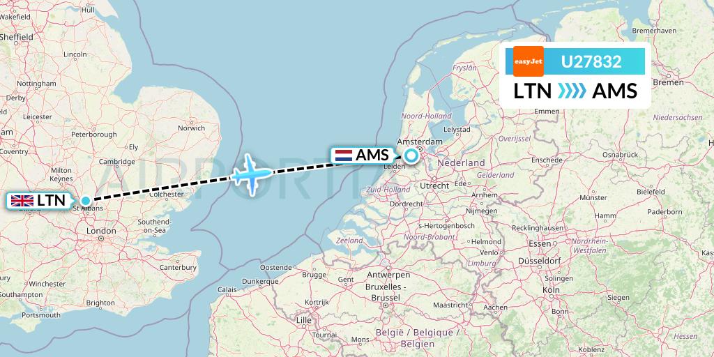 U27832 EasyJet Flight Map: London to Amsterdam