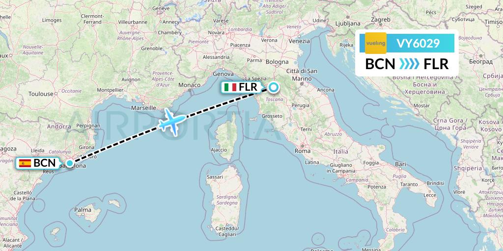VY6029 Vueling Flight Map: Barcelona to Florence