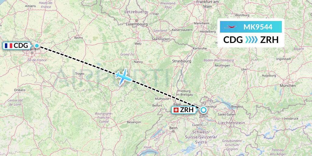 MK9544 Air Mauritius Flight Map: Paris to Zurich