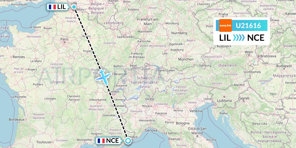 U21616 EasyJet Flight Map: Lille to Nice