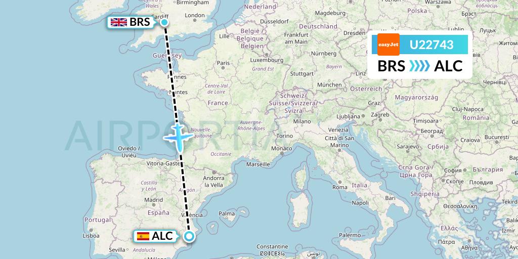U22743 EasyJet Flight Map: Bristol to Alicante