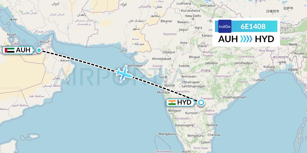 6E1408 IndiGo Airlines Flight Map: Abu Dhabi to Hyderabad