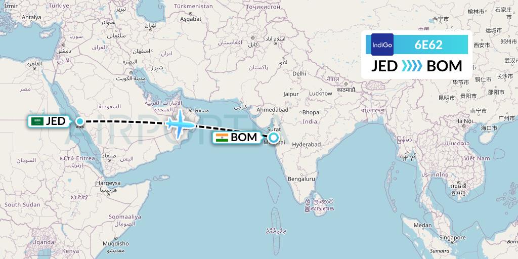 6E62 IndiGo Airlines Flight Map: Jeddah to Mumbai