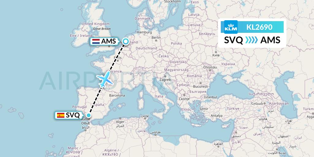 KL2690 KLM Flight Map: Seville to Amsterdam