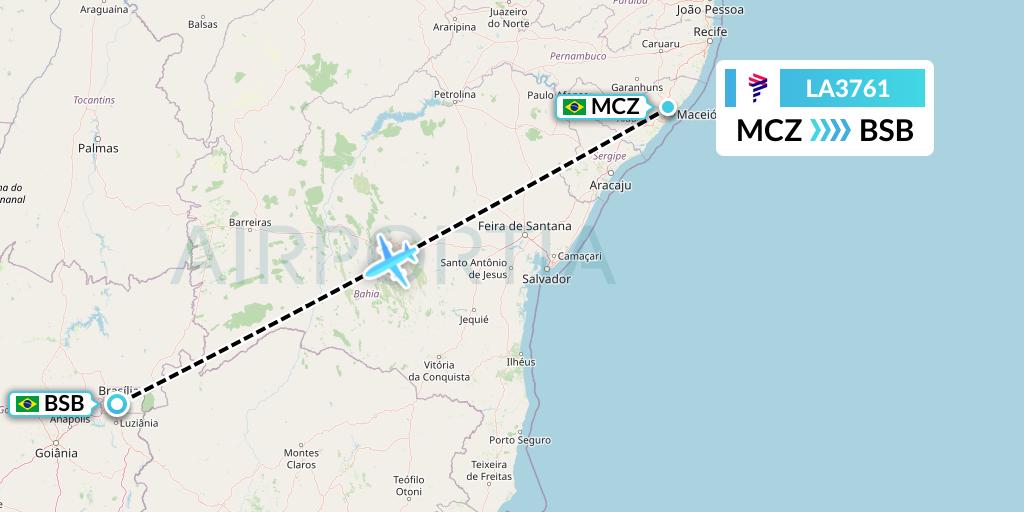 LA3761 LAN Airlines Flight Map: Maceio to Brasilia