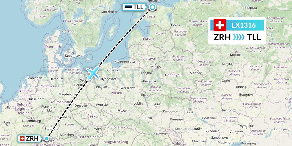 LX1316 Swiss Flight Map: Zurich to Tallinn