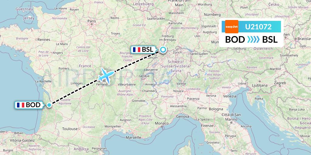 U21072 EasyJet Flight Map: Bordeaux to Basel