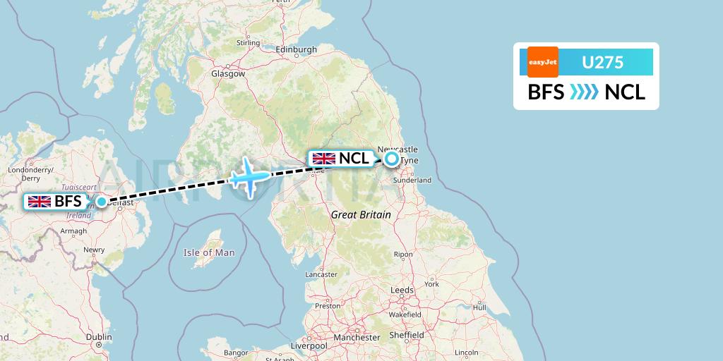 U275 EasyJet Flight Map: Belfast to Newcastle