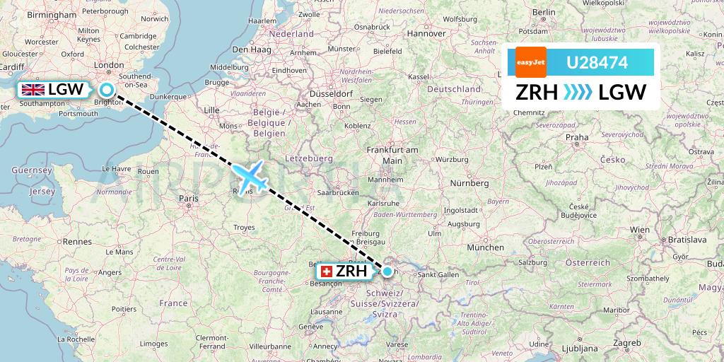 U28474 EasyJet Flight Map: Zurich to London
