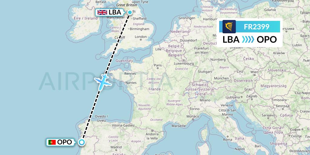 FR2399 Ryanair Flight Map: Leeds to Porto