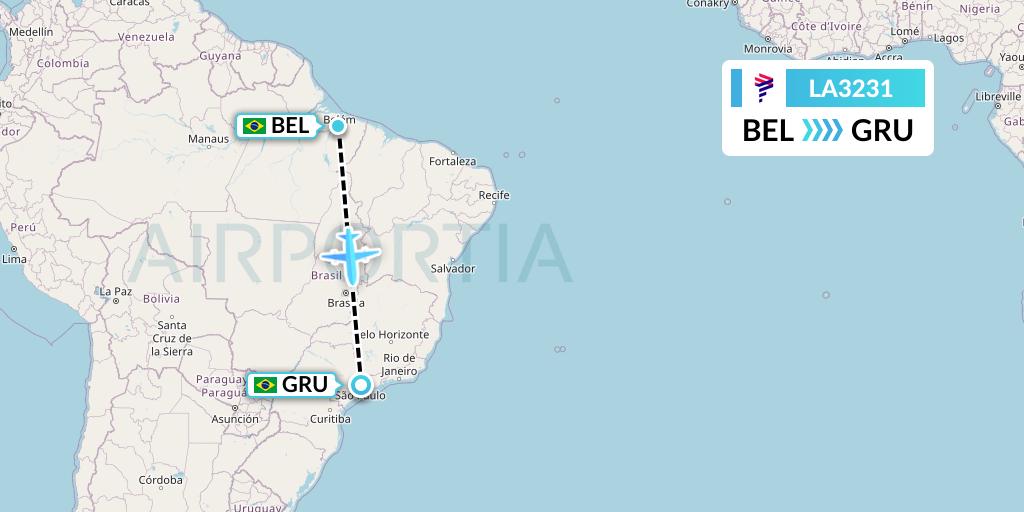 LA3231 LAN Airlines Flight Map: Belem to Sao Paulo