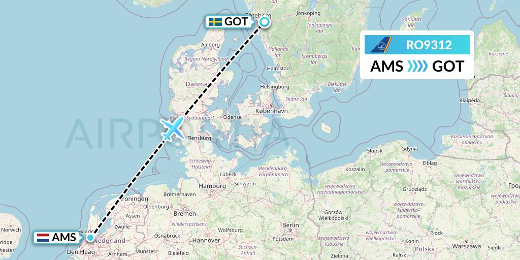 RO9312 Tarom Flight Map: Amsterdam to Gothenburg