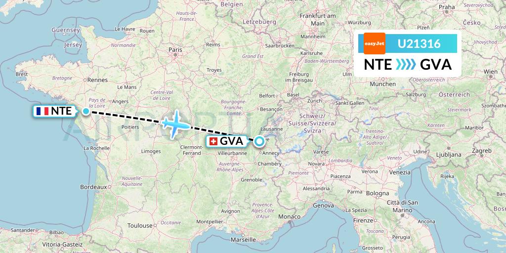 U21316 EasyJet Flight Map: Nantes to Geneva