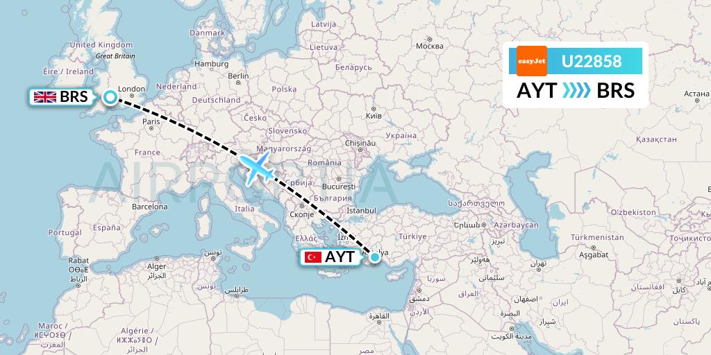 U22858 EasyJet Flight Map: Antalya to Bristol