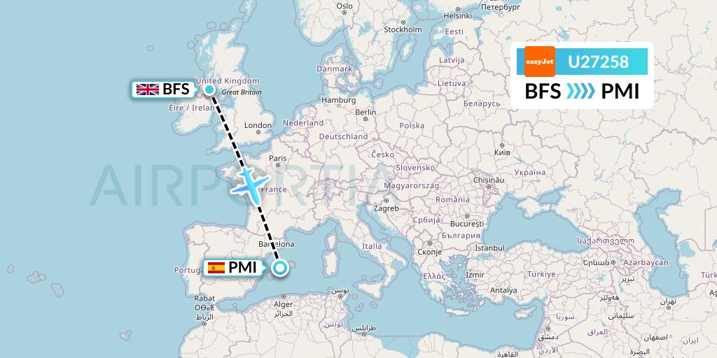 U27258 EasyJet Flight Map: Belfast to Palma de Mallorca