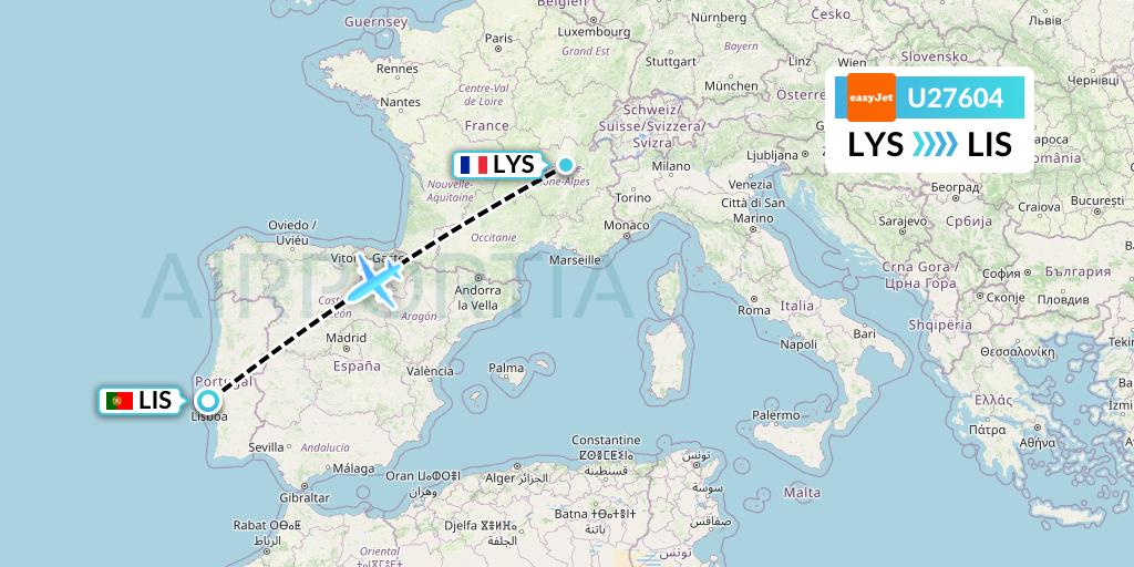 U27604 EasyJet Flight Map: Lyon to Lisbon