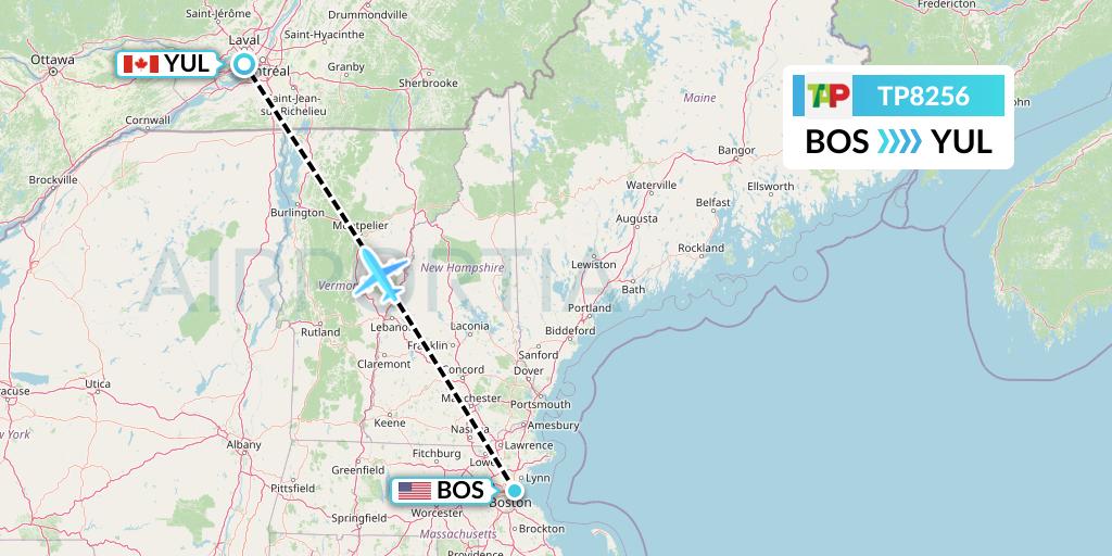 TP8256 TAP Portugal Flight Map: Boston to Montreal