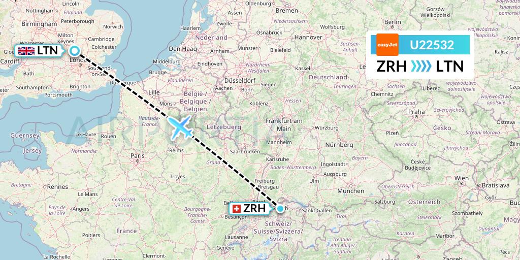 U22532 EasyJet Flight Map: Zurich to London