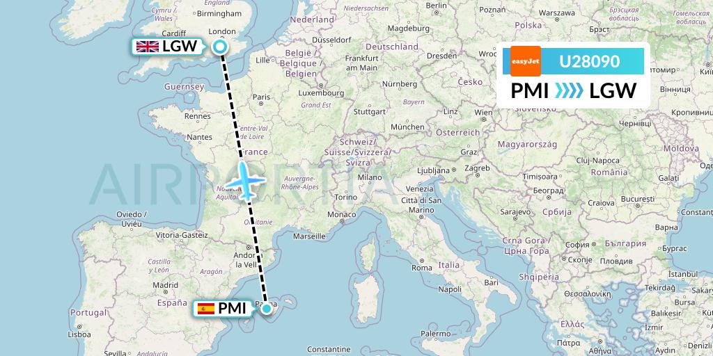 U28090 EasyJet Flight Map: Palma de Mallorca to London