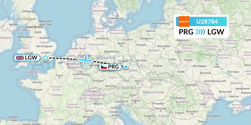 U28784 EasyJet Flight Map: Prague to London
