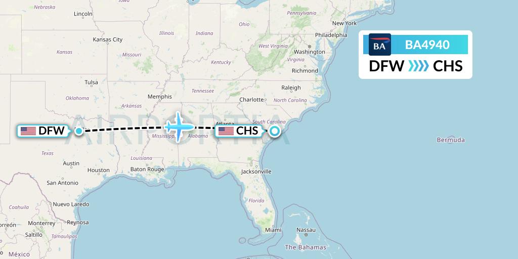 BA4940 British Airways Flight Map: Dallas to Charleston