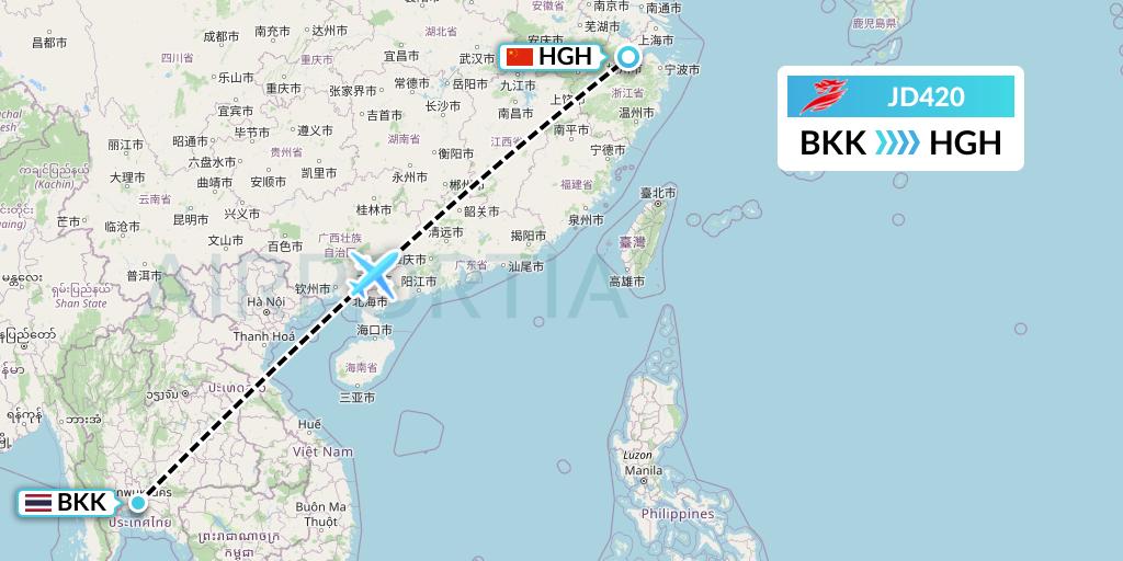 JD420 Capital Airlines Flight Map: Bangkok to Hangzhou