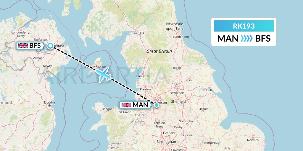 RK193 Ryanair UK Flight Map: Manchester to Belfast