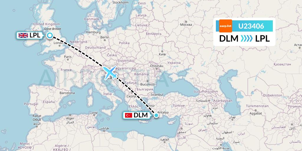 U23406 EasyJet Flight Map: Dalaman to Liverpool