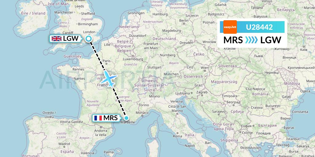 U28442 EasyJet Flight Map: Marseille to London