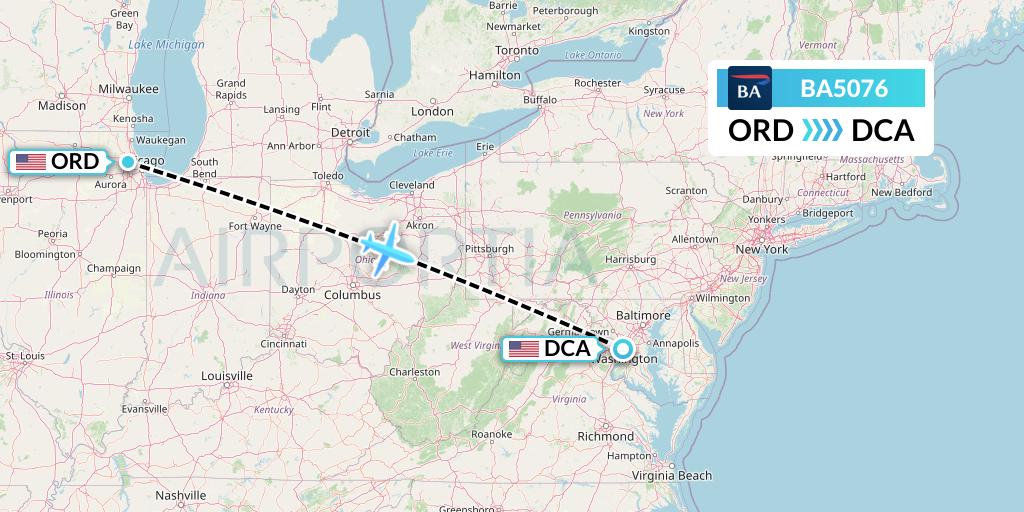BA5076 British Airways Flight Map: Chicago to Washington