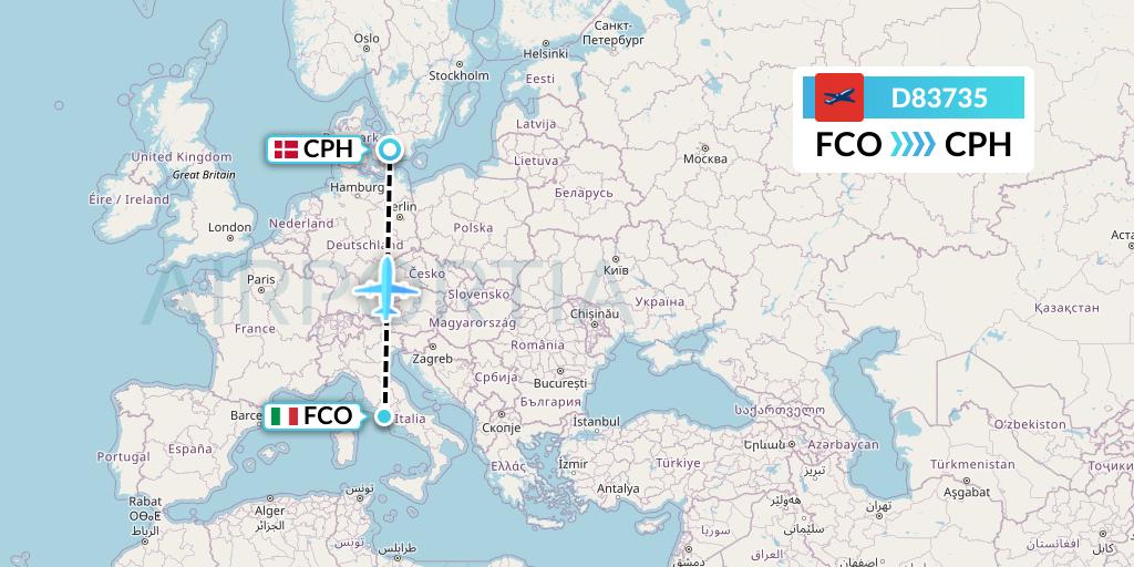 D83735 Norwegian Air International Flight Map: Rome to Copenhagen