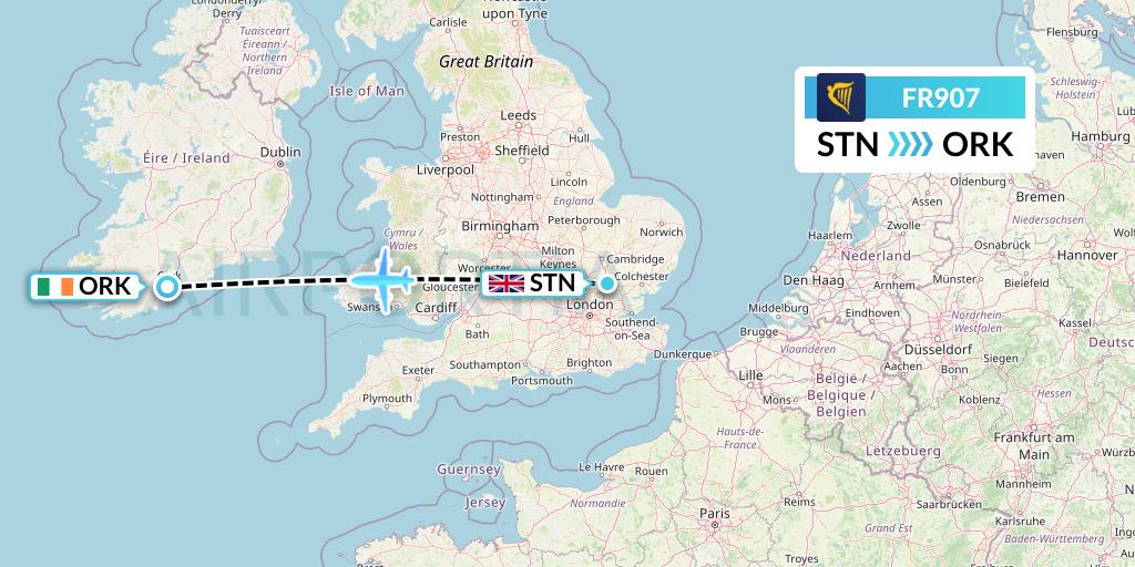 FR907 Ryanair Flight Map: London to Cork