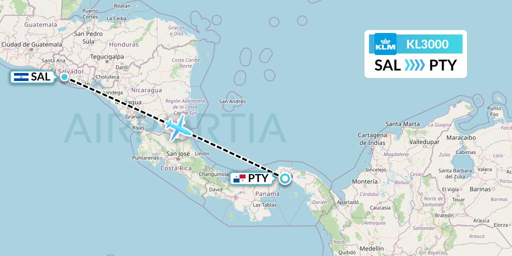 KL3000 KLM Flight Map: San Salvador to Panama City