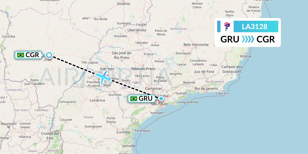 LA3128 LAN Airlines Flight Map: Sao Paulo to Campo Grande