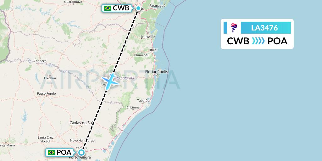 LA3476 LAN Airlines Flight Map: Curitiba to Porto Alegre