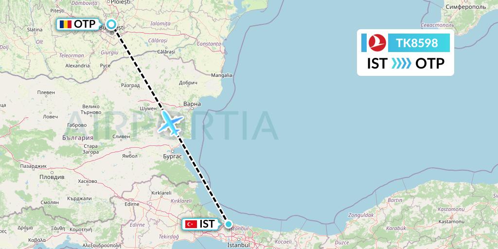TK8598 Turkish Airlines Flight Map: Istanbul to Bucharest