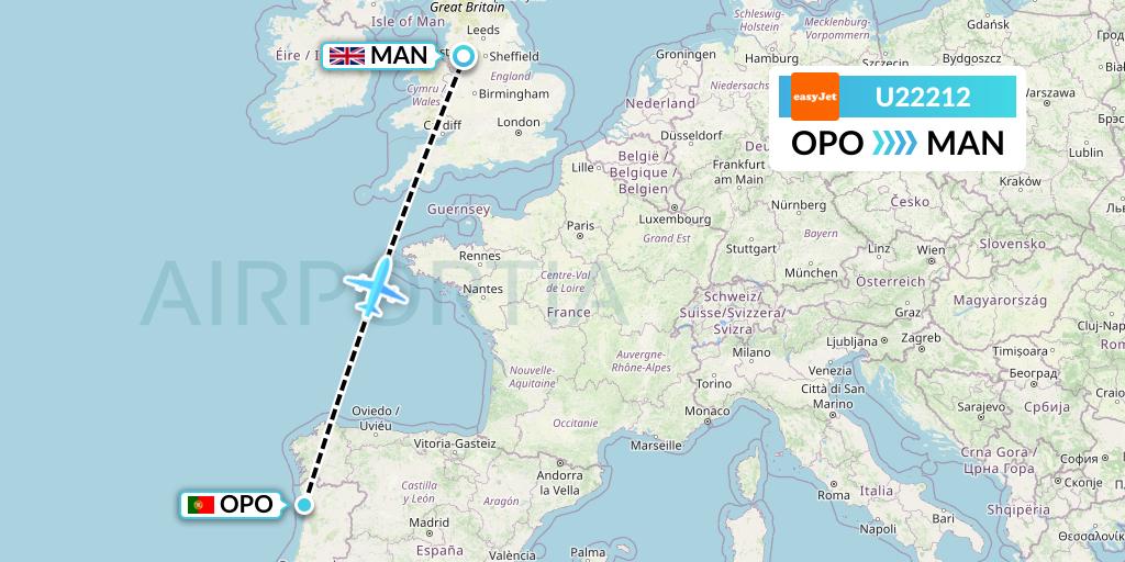 U22212 EasyJet Flight Map: Porto to Manchester