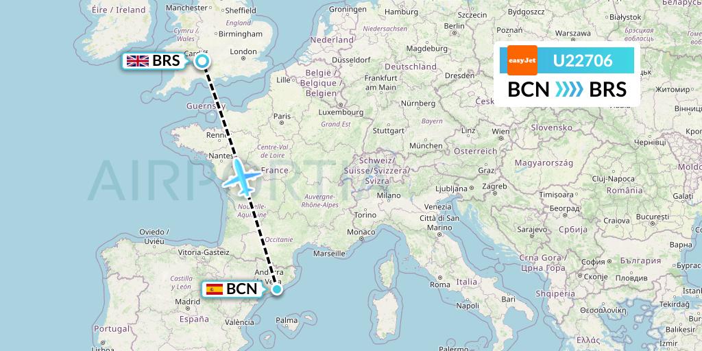 U22706 EasyJet Flight Map: Barcelona to Bristol