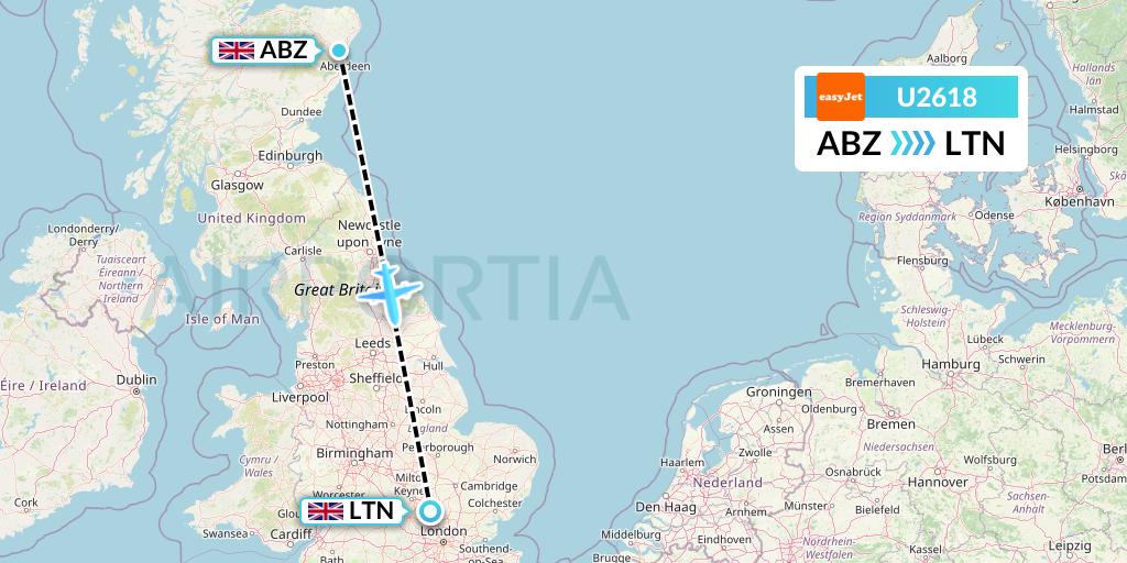 U2618 EasyJet Flight Map: Aberdeen to London