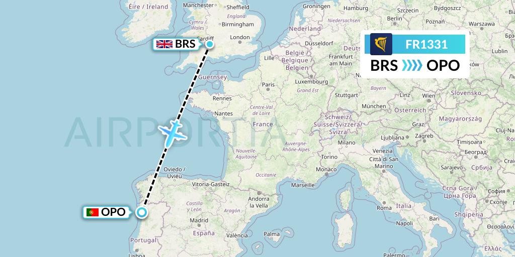 FR1331 Ryanair Flight Map: Bristol to Porto