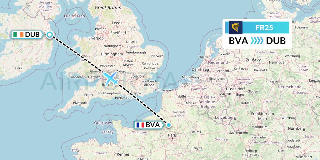 FR25 Ryanair Flight Map: Paris to Dublin