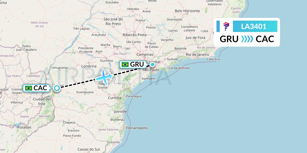 LA3401 LAN Airlines Flight Map: Sao Paulo to Cascavel