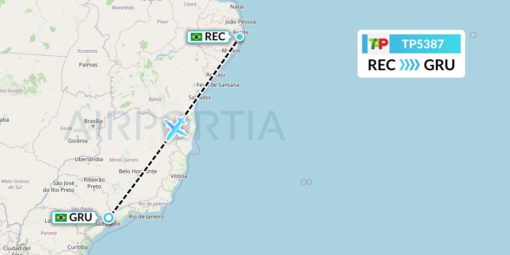 TP5387 TAP Portugal Flight Map: Recife to Sao Paulo