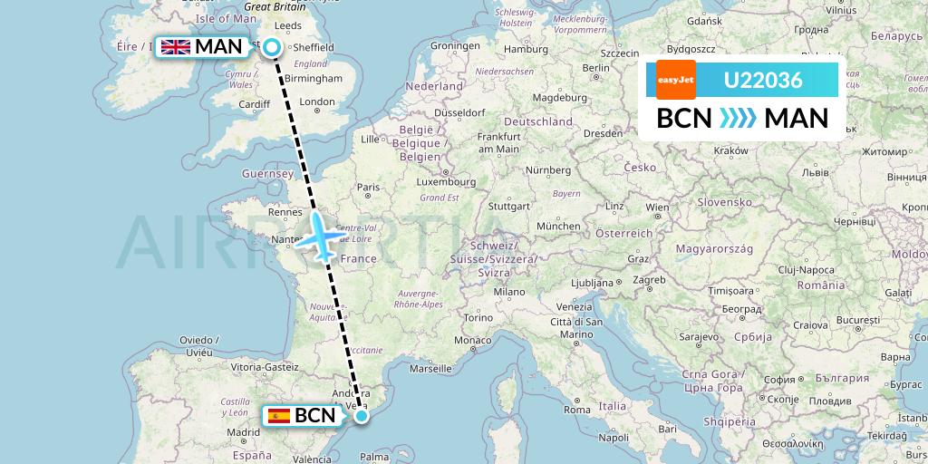 U22036 EasyJet Flight Map: Barcelona to Manchester