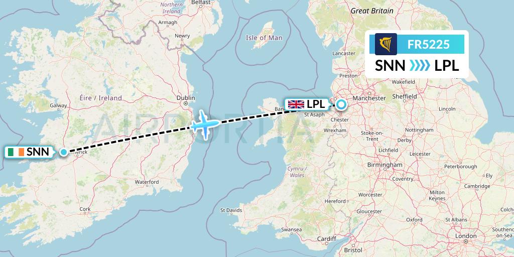 FR5225 Ryanair Flight Map: Shannon to Liverpool