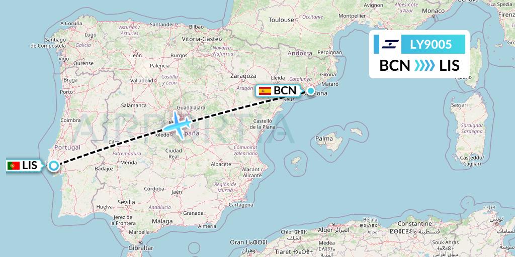 LY9005 El Al Flight Map: Barcelona to Lisbon
