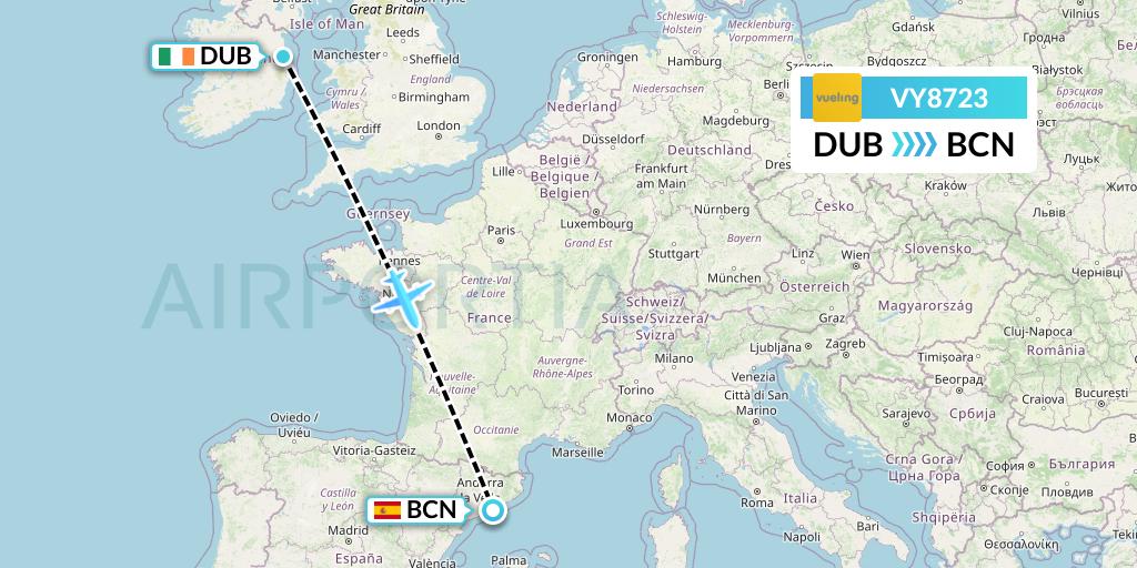 VY8723 Vueling Flight Map: Dublin to Barcelona