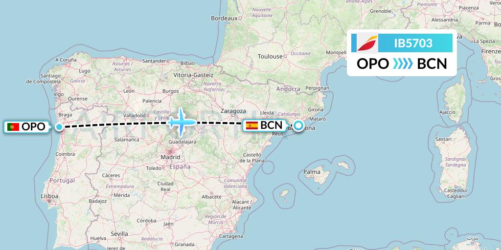IB5703 Iberia Flight Map: Porto to Barcelona