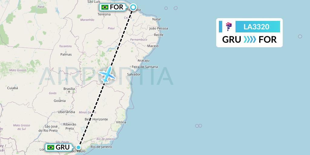 LA3320 LAN Airlines Flight Map: Sao Paulo to Fortaleza
